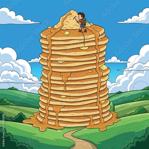 A cartoon adventurer climbing a giant stack of pancakes in a green landscape.