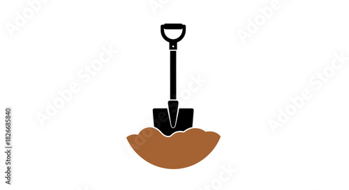 Flat lay illustration of a shovel stuck in brown soil against a clean white background.