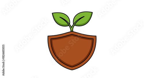 Illustration of a brown shield with two green leaves growing out of it on a white background.