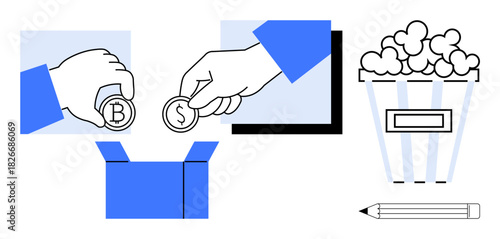 Hands placing coins into a box, symbols for contribution and exchange. Popcorn, pencil suggest leisure, creativity. Ideal for finance, crowdfunding, entertainment, generosity donations economy