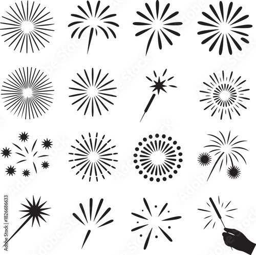 Collection of different fireworks sparklers bursting black and white illustration vector
