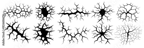 Ground cracks vector icon set. Ground crack or fissure, breaks on land surface, crevices disaster or drought, black fractures top view, crack pattern background, broken, wall, glass concrete cracked.