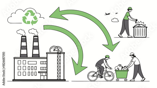 Illustration of a recycling process involving factory, people, and transportation with arrows