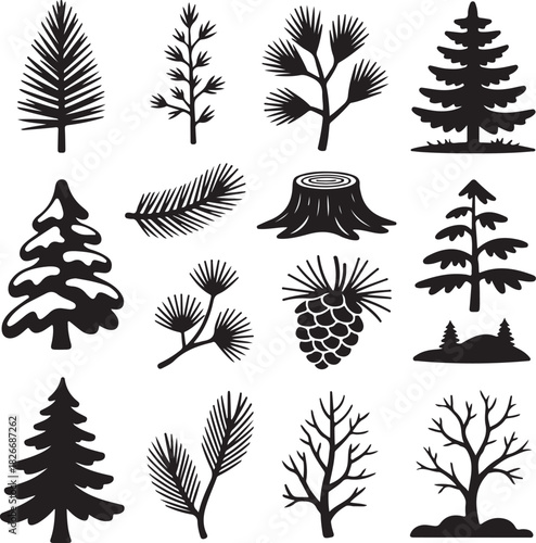 Collection of different kinds of tree and forest foliage silhouettes