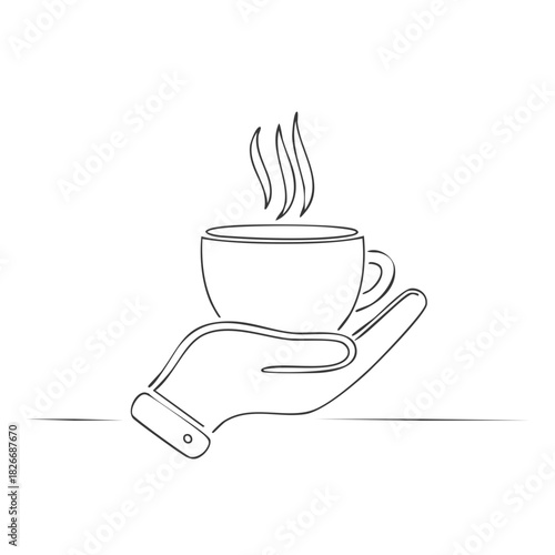 Single line drawing of a hand holding a steaming cup of coffee