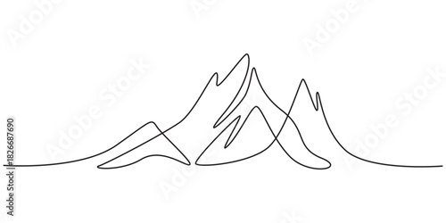 One continuous line drawing of mountain range landscape. Top view of mounts in simple linear style. Adventure winter sports concept isolated on white background. Doodle vector illustration