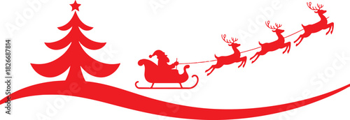 Silhouette of Santa Claus riding in a sleigh with reindeer