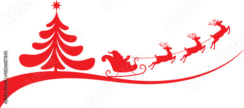 Silhouette of Santa Claus riding in a sleigh with reindeer