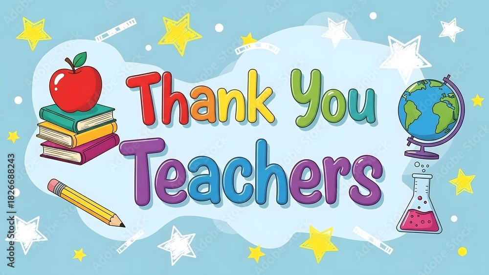 Obraz premium Colorful Thank You Teachers Banner with School Elements and Science Icons