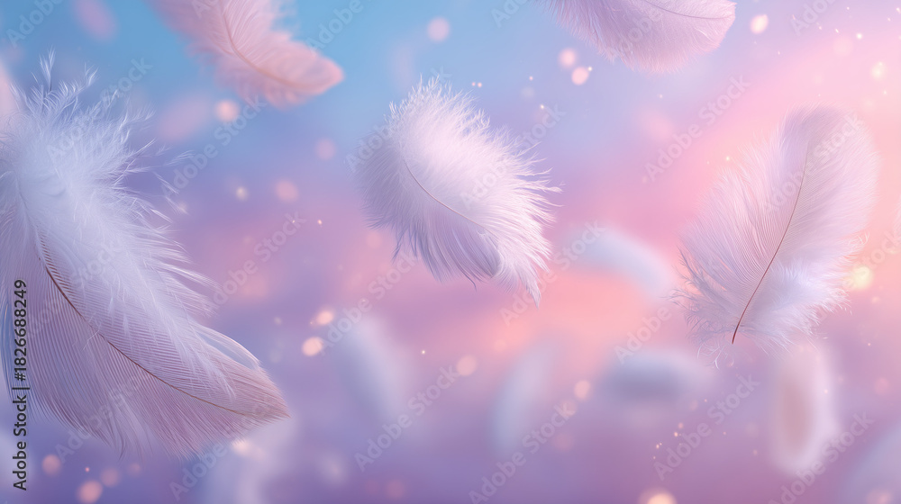 Naklejka premium パステルパープルとピンクの背景に舞い散る白い羽根と光の粒