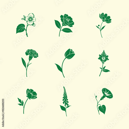 Botanical green flower collection on cream background for nature inspired designs