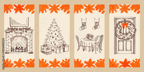 Christmas holiday decorations and festive scenes in vertical panels
