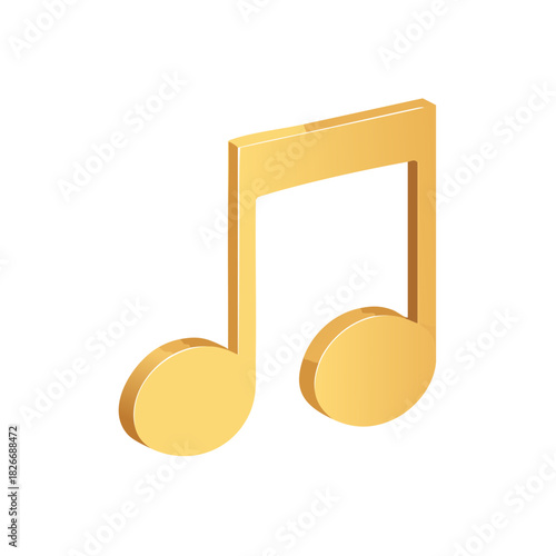 Isometric golden musical note symbol with shadow, rendered on a white surface, music design