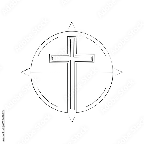 Christian Cross Symbol Within a Compass Rose Outline Abstract Design