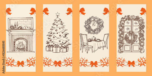 Christmas decorations and scenes with oranges and ribbons