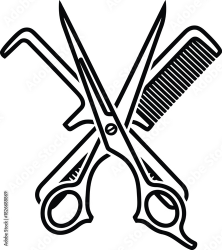 Hair salon tools: scissors, comb, and clipper vector icon.