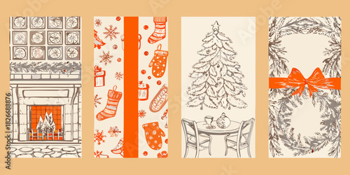 Cozy christmas scenes festive holiday illustrations with fireplace tree wreath and gifts