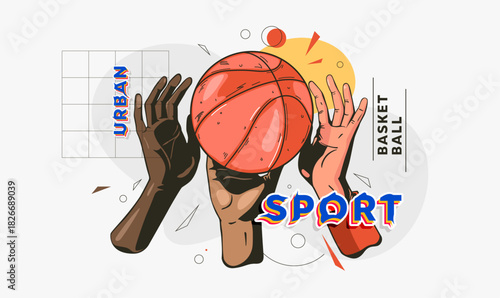 Dynamic basketball match illustration featuring athletes reaching for the ball, showcasing competitive energy, urban sport style, national athletic spirit, and modern graphic movement. National Sport