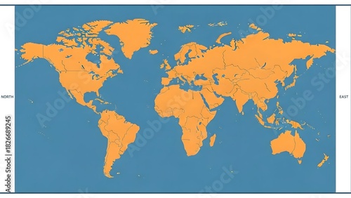 World Map Illustration Showing Continents in Orange on Blue Background
