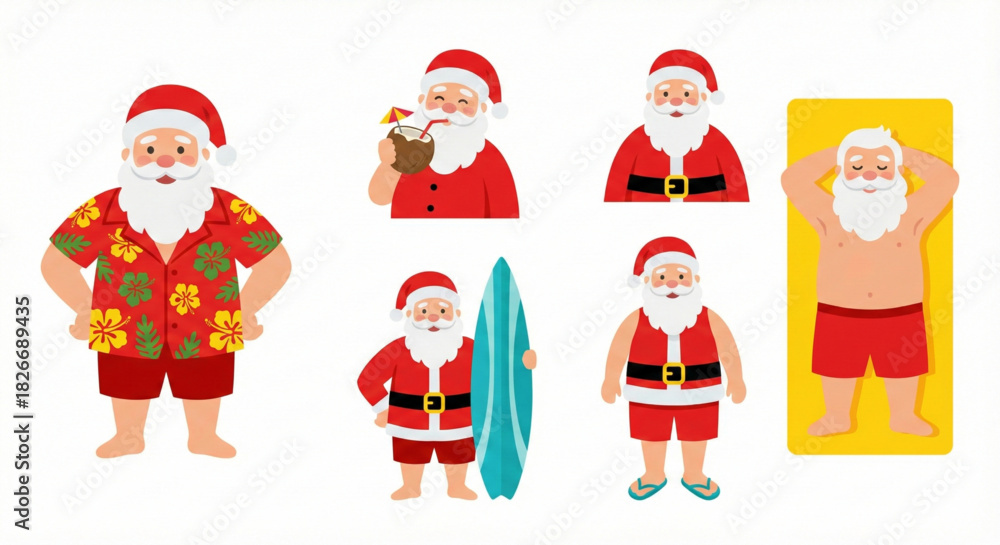 Obraz premium Santa Claus relaxing on a tropical vacation with surfboard and cocktails