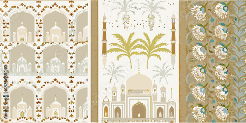 Indian architectural motifs and floral patterns in muted earth tones