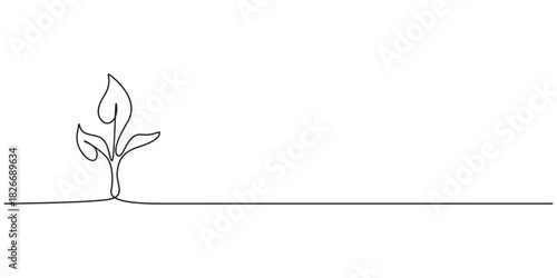 Growing plant, sprout leaves in one continuous line drawing. Creative concept of renewable green energy and environmental friendly sources. Doodle vector illustration