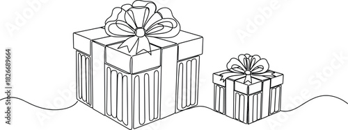 Gift boxes with bows, elegant striped wrapping, festive present design, black and white line art, cad drawing flat vector illustration