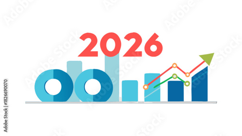 Illustration of financial growth chart with rings, bars, lines, and arrow for the year of twenty twenty six