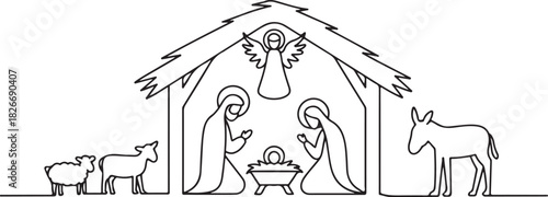 Continuous one line drawing. Bible Merry christmas scene of holy family. Vector illustration