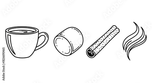 Cozy autumn vibes with a cup of coffee, a marshmallow, cinnamon stick, and steam in a simple line drawing style, perfect for cafe menus and recipe blogs
