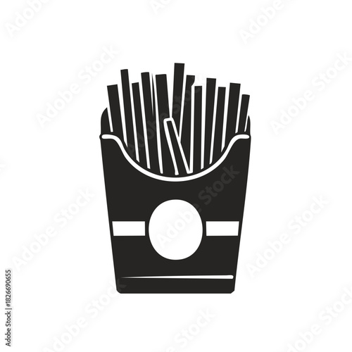 Minimalist black silhouette icon of french fries in a paper box, fast food vector symbol.