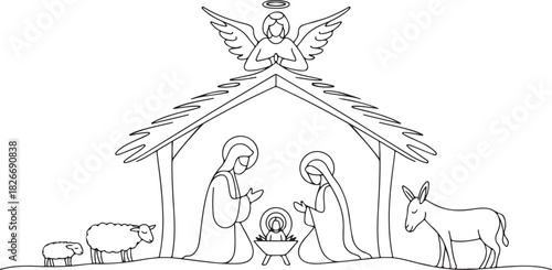 Continuous one line drawing. Bible Merry christmas scene of holy family. Vector illustration