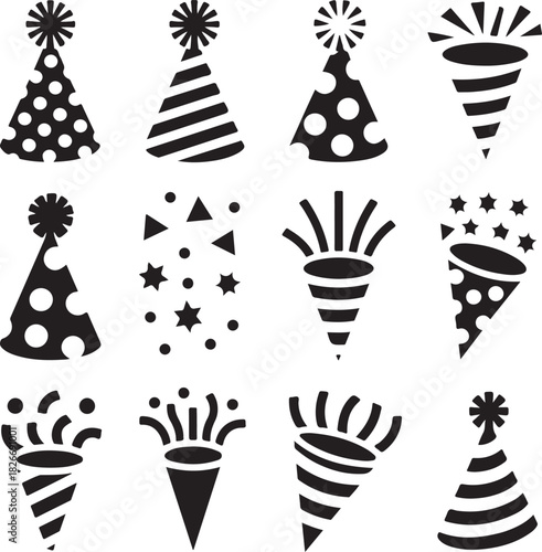 Collection of festive black party hats and poppers for celebrations