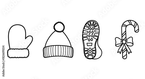 Holiday line art icons for winter fun and festive cheer, perfect for seasonal promotions, greeting cards, and cozy designs that celebrate the season