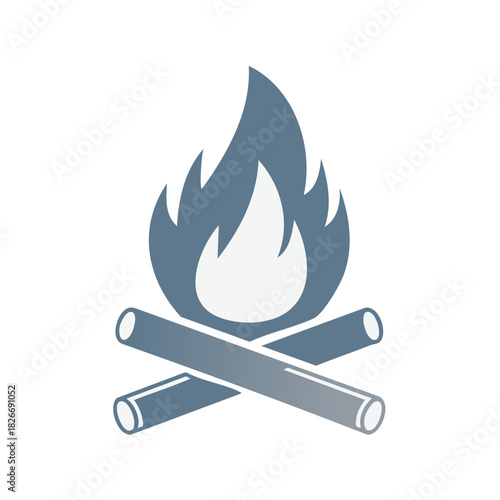 Stylized campfire icon with lit logs and flickering flames in blue gray tones
