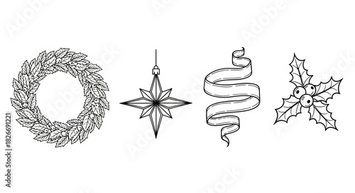 Elegant holiday line art elements for festive designs: star ornament, ribbon, wreath, and holly berries for a classic Christmas touch in your projects