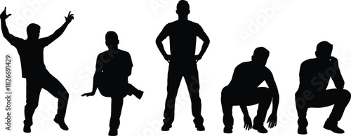 Human gesture silhouette poses, squatting, sitting, standing, expressive body language, black vector icons, cad drawing flat vector illustration