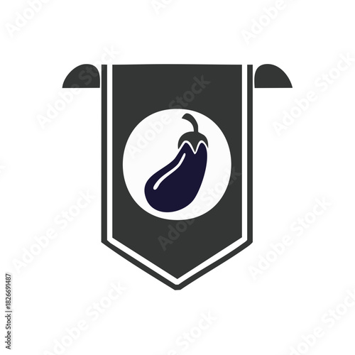 Purple eggplant vegetable icon illustration inside a white circle on a dark gray banner