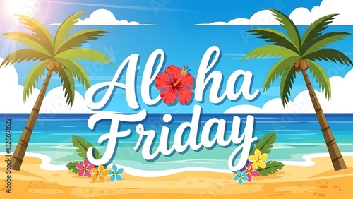 Tropical Beach Scene with Palm Trees Bright Colors and Aloha Friday Text
