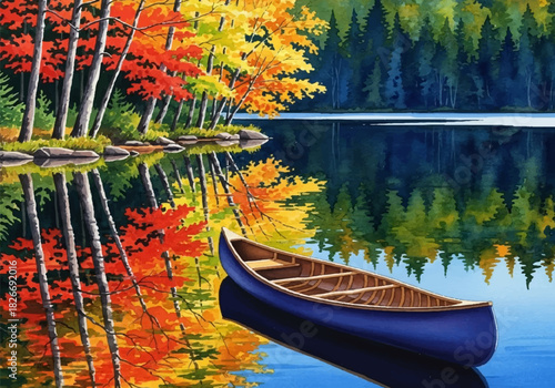 Tranquil autumn lake with canoe, painted in vibrant watercolor style, showcasing colorful fall foliage reflections