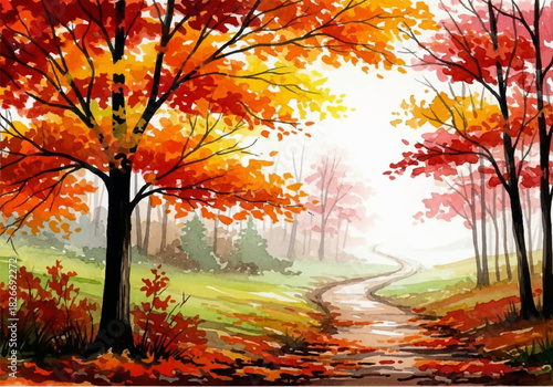 Vibrant autumn forest path in watercolor style, a serene journey through colorful fall foliage and painted trees