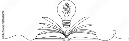 Open book with glowing light bulb, minimalist line art, education concept, continuous stroke, creative idea, knowledge, inspiration, learning, cad drawing flat vector illustration