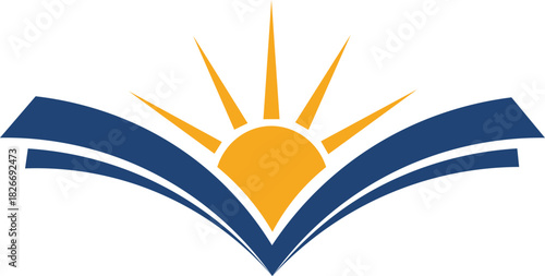 Open book with rising sun logo, symbolizing knowledge and education.