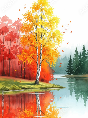 Vibrant autumn landscape, a tranquil lake reflecting colorful trees under a crisp sky, rendered in exquisite watercolor