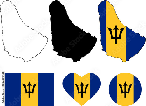 Clean vector set of Barbados map outline, silhouette, and flag icons in multiple shapes. Official standard colors. Perfect for travel, education, graphics, and international projects.