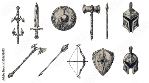 Collection of hand drawn antique weapon and armor icons including swords shields axes a bow arrow hammer spear and helmets on textured parchment