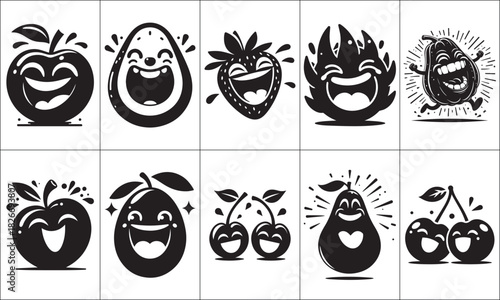 Laughing & Funny Fruit Black Silhouette Design Bundle. Funny Fruit Silhouette Budle