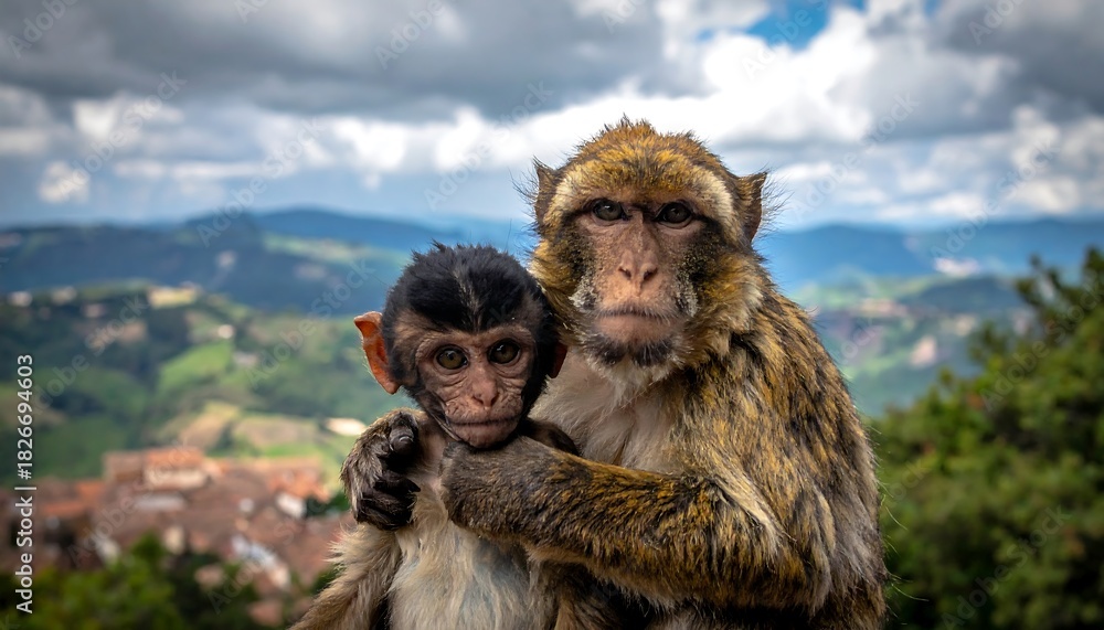 Naklejka premium Two monkeys pose closely with mountain landscape in the distance, with green trees and houses below