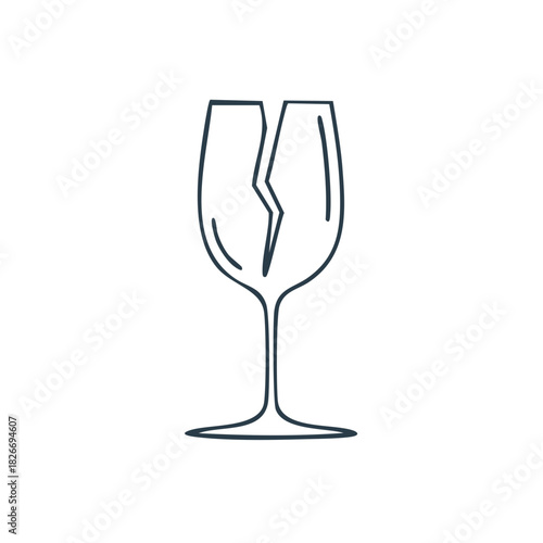 Icon of cracked wine glass symbolizes fragility, mistakes, accident, broken dreams and damage. Simple line drawing.