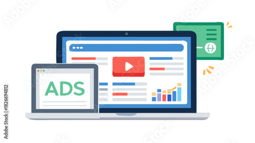 Laptop displaying ads next to a larger screen with a video and a green card icon shown